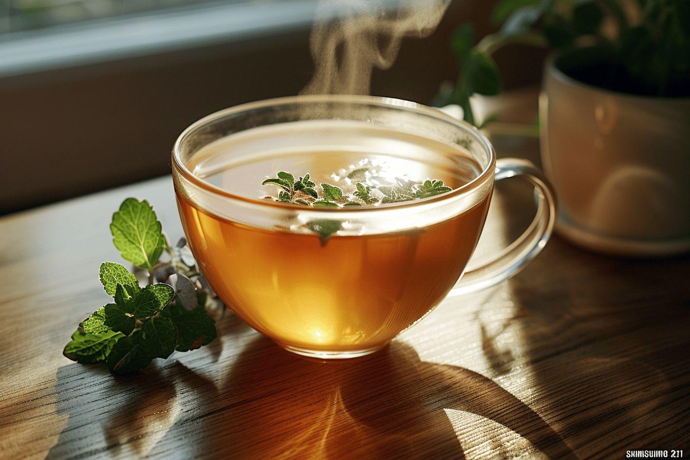 Tasse en verre remplie d'un thé chaud et parfumé, accompagnée de feuilles de menthe fraîche.